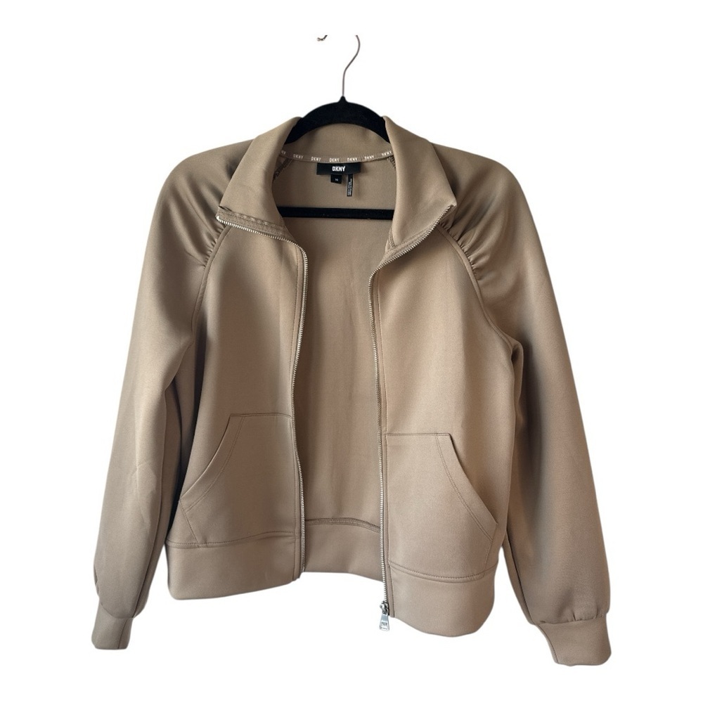 DKNY Jacket Womens XS Beige Full Zip Puff Sleeve Athleisure Activewear